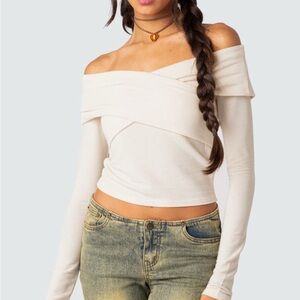 Edikted Crossover Off-Shoulder Cream Long Sleeve Top - Size Small